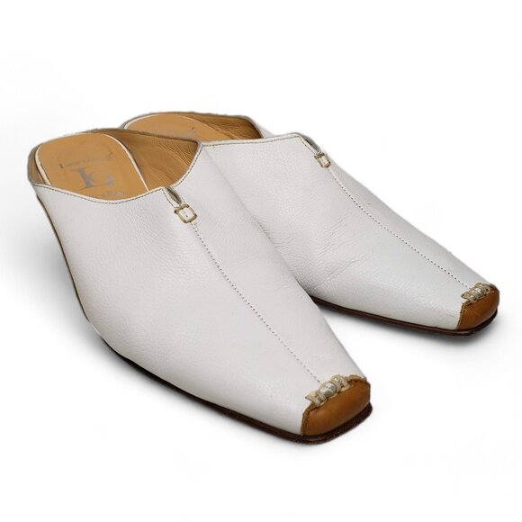 Luca Grossi White Pebble Leather Mules Women’s Italian Pointed Square Front 38 - Picture 2 of 10